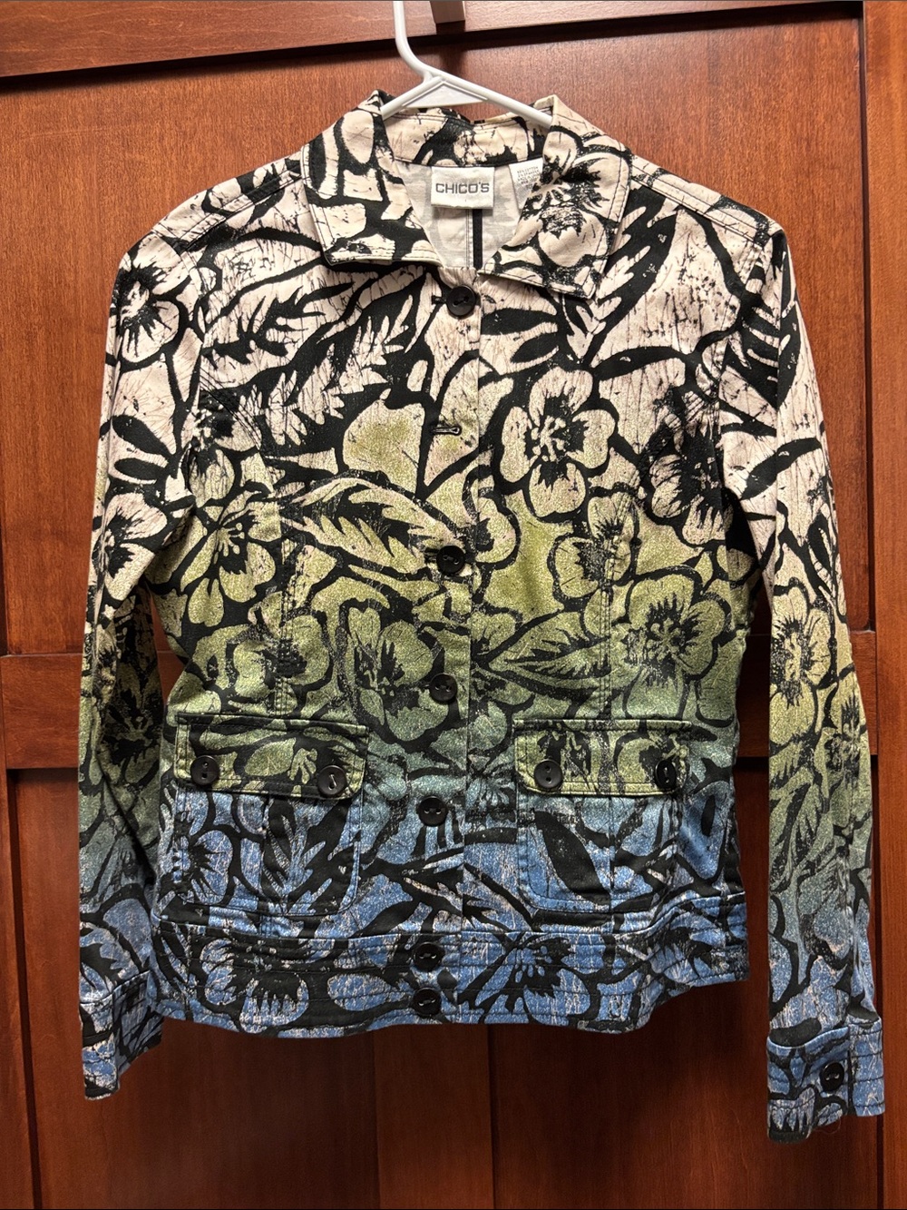 Chico's Floral Ombre Jean Jacket in Green & Blue